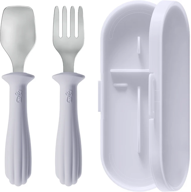 티지엠 유아용 조가비 이지그립 실리콘 스테인리스 자기주도 이유식 스푼 포크 케이스 세트, 애쉬블루, 1세트, 스푼 + 포크 + 케이스 - 쿠팡