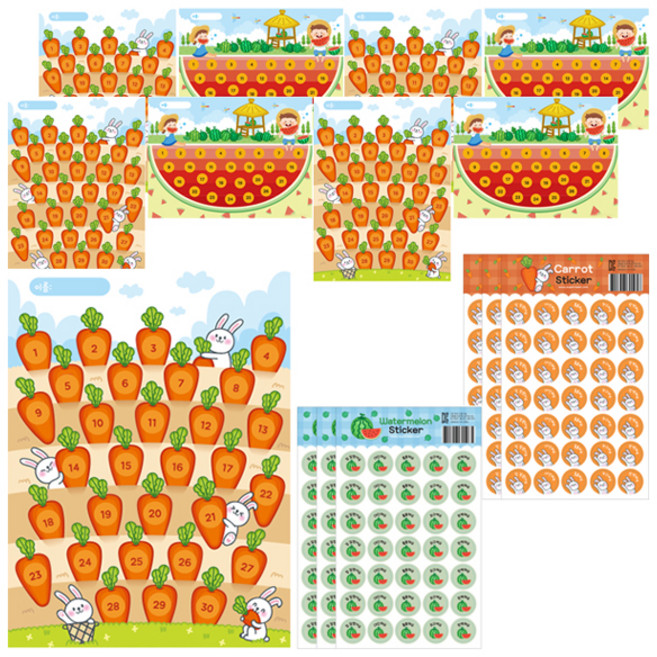 슈퍼쌤 양면 칭찬 당근 수박 스티커판 9p+ 당근 스티커 3p + 수박 스티커 3p 세트, 혼합색상, 1세트