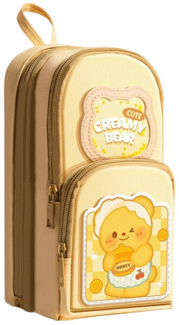 Couselect 大容量3層書包造型鉛筆袋, 1個, 奶油小熊 黃色