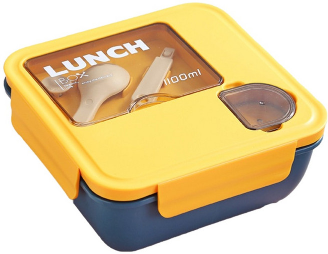 Homely Zakka 日式時尚撞色大容量方型211餐盒, 1個, 黃藍色