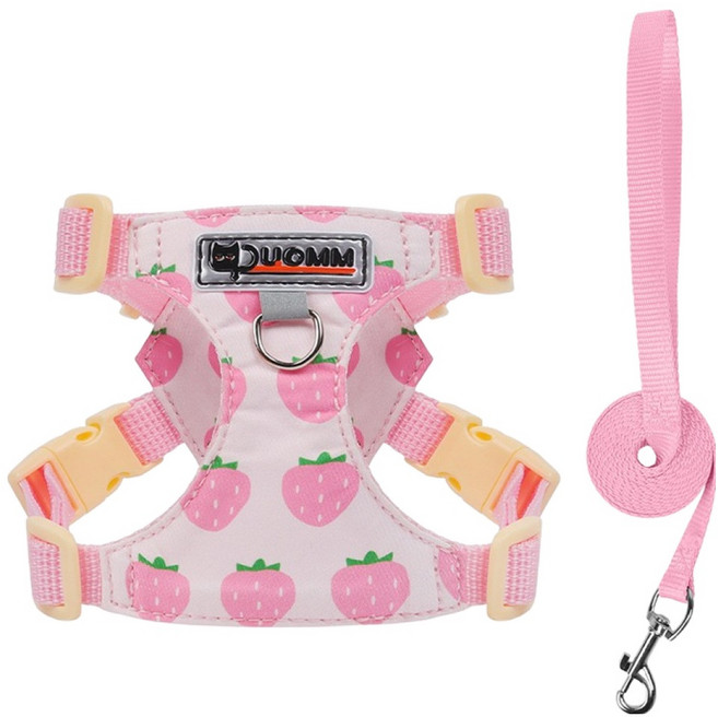 파스텔펫 강아지 패턴 하네스 리드줄 세트, 딸기, 1세트
