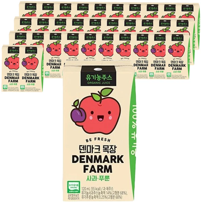 덴마크 목장 유기농 주스 사과 푸룬, 120ml, 32개 - 쿠팡