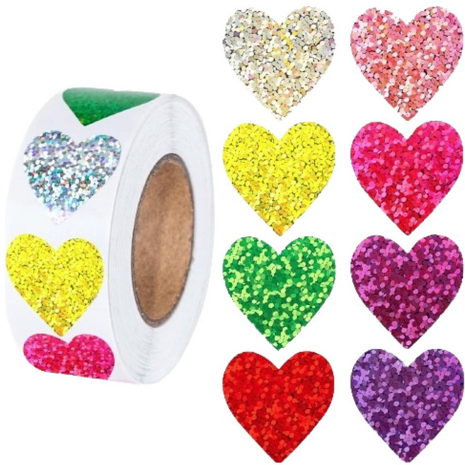 어푸 원형 롤 반짝이 하트 스티커 500p 세트, 혼합색상, 1세트