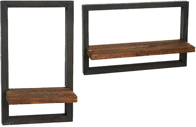 上手家居 木框層板牆壁置物架2件組, 胡桃木色 + 黑色, 1層