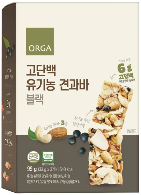 올가홀푸드 고단백 유기농 견과바 블랙, 99g, 1개 - 쿠팡