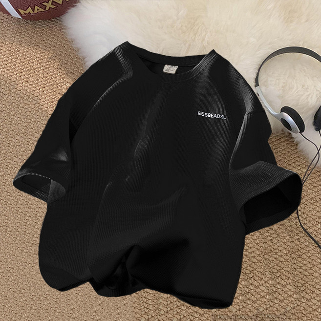 unhev 男女通用簡約寬鬆休閒短袖T恤, 03黑色