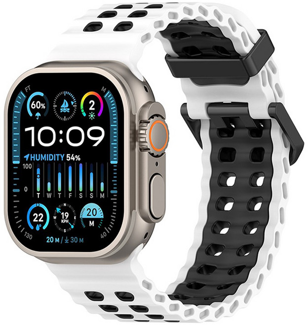 하마테 애플워치 호환 투톤 멀티타공 실리콘 스트랩 42 / 44 / 45 / 46 / 49mm, 화이트블랙, 1개