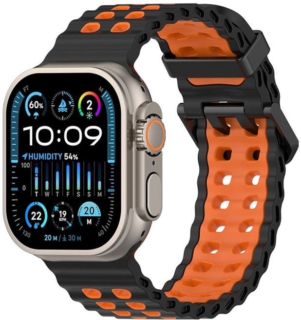 HAMATE Apple Watch 相容雙色多孔矽膠錶帶 42 / 44 / 45 / 46 / 49mm, 1個, 黑橙色