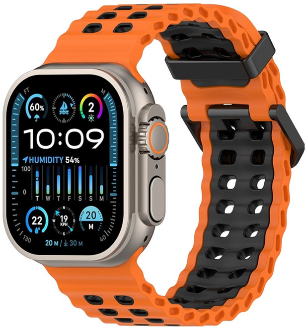하마테 애플워치 호환 투톤 멀티타공 실리콘 스트랩 42 / 44 / 45 / 46 / 49mm, 오렌지블랙, 1개