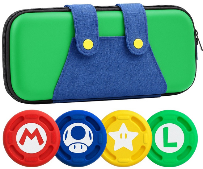 스페이스쉴드 닌텐도 스위치 2 호환 멜빵 바지 EVA 휴대용 수납 보관 하드 파우치 + 스틱 캡 4종 세트, 그린 + 블루멜빵, 1세트
