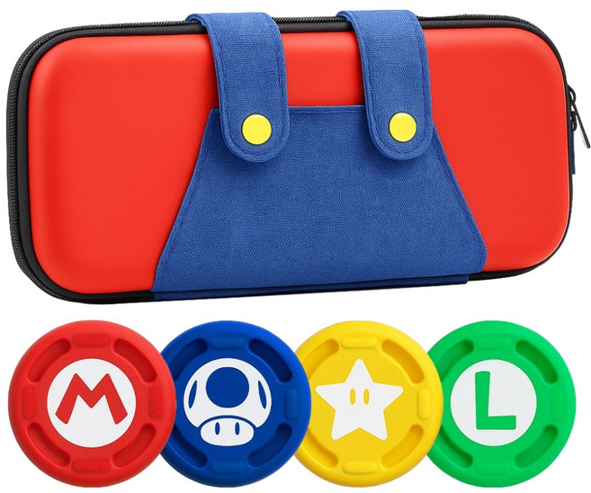 스페이스쉴드 닌텐도 스위치 2 호환 멜빵 바지 EVA 휴대용 수납 보관 하드 파우치 + 스틱 캡 4종 세트, 레드 + 블루멜빵, 1세트