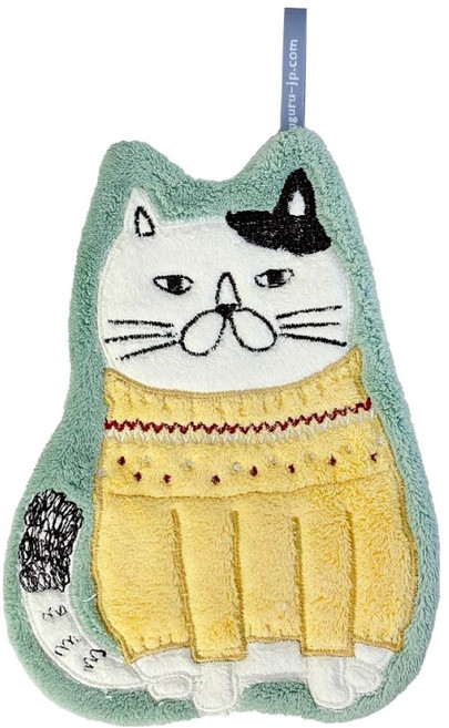 kUSUgURU JAPAN 日本眼鏡貓 模切造型吸水巾/吊掛擦手巾 Neko Zegawa款, 淺綠色, 1條