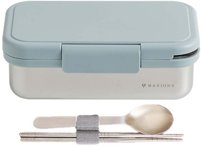 MASIONS 美心 Deluxe KAKO 卡扣盒 可微波頂級不鏽鋼防漏分層分隔2格便當盒 附餐具 950ml, 1個, 藍色