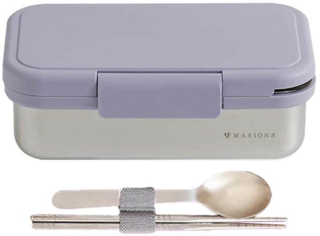 MASIONS 美心 Deluxe KAKO 卡扣盒 可微波頂級不鏽鋼防漏分層分隔2格便當盒 附餐具 950ml, 1個, 紫色
