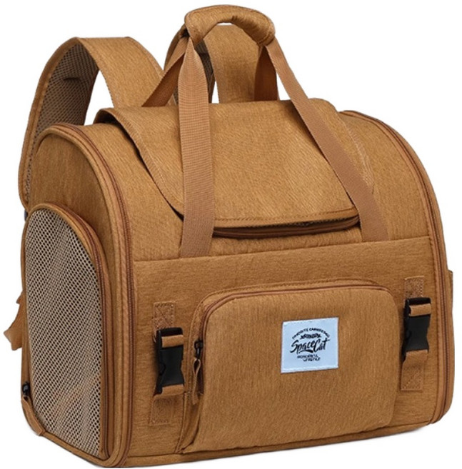 스페이스캣 반려동물 3면통풍 가로백팩형 이동가방, 라이트브라운, 1개