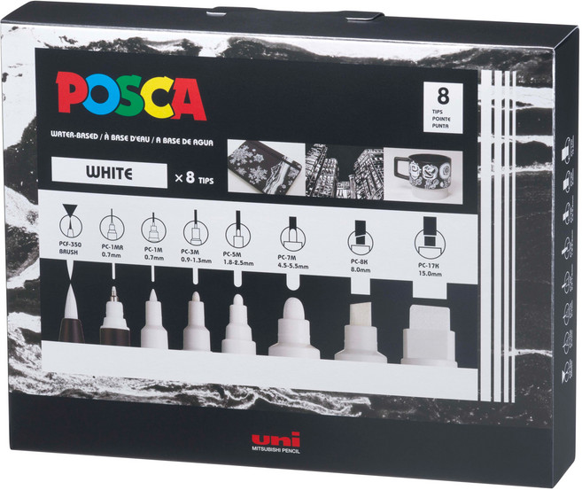 POSCA 8種粗細混合 PC-MIX 白色, 1個, 1色