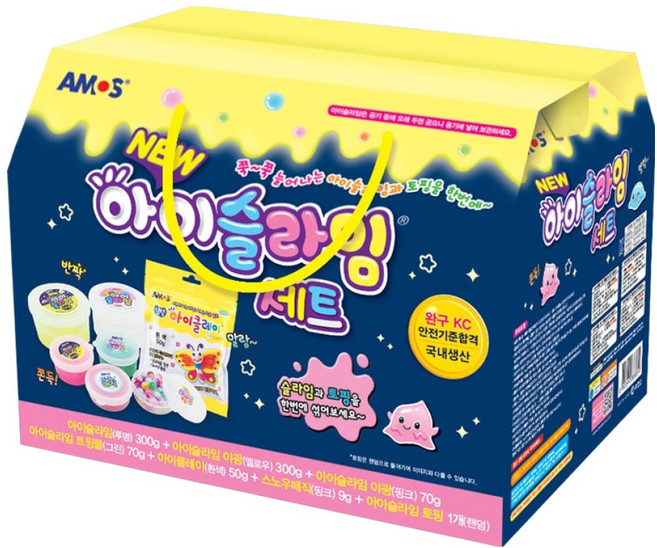 아모스 아동용 야광슬라임 7종 선물세트 800g, 야광옐로우 + 투명 + 야광핑크 + 트윙클그린(슬라임), 흰색(클레이), 핑크(스노우매직), 랜덤 발송(토핑), 1세트