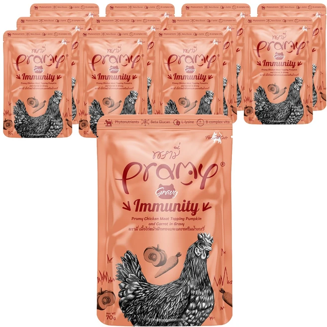 PRAMY 고양이 이뮤니티 호박 당근 토핑 닭고기 맛 그레이비, 닭, 70g, 12개 - 쿠팡