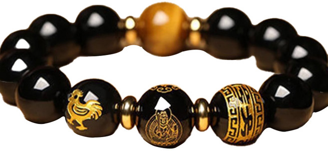 生活智慧 女性用 黑曜石 心想事成 12生肖 開運手鍊 雞 10mm, 1個, 混色