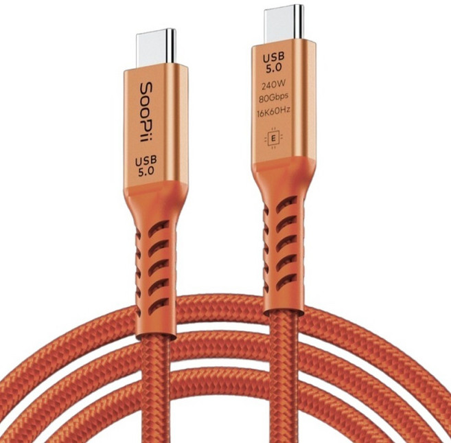 SooPii 240W 80Gbps 16K Thunderbolt 5 相容 USB4 2.0 C to C 型超高速傳輸線 S72, 1個, 1m
