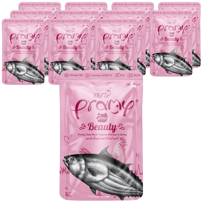 PRAMY 고양이 뷰티 그레이비 파우치 치킨 토핑맛, 닭+참치, 70g, 12개 - 쿠팡