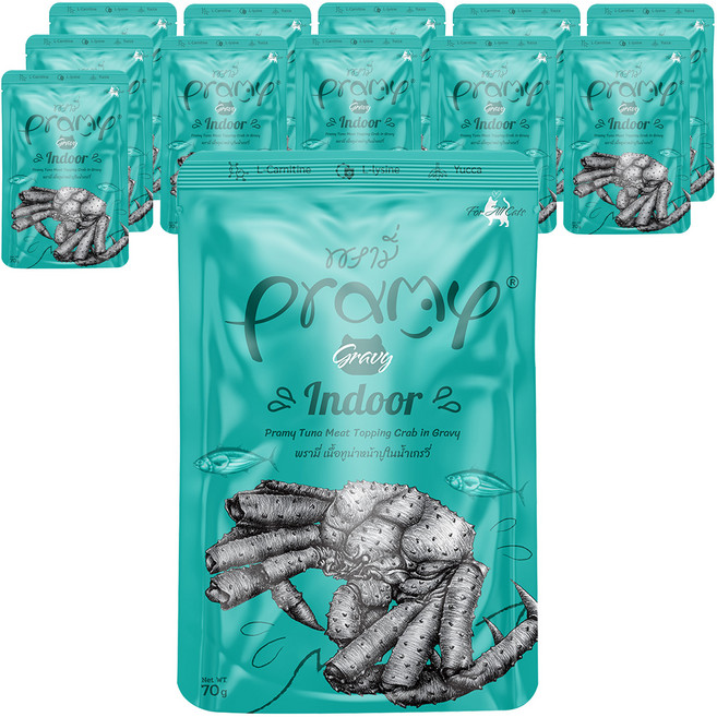 PRAMY 고양이 인도어 게살토핑 참치맛 그레이비 습식사료, 참치+게살, 70g, 12개