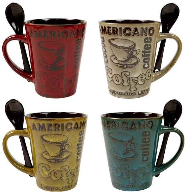 로얄보덴 룽고 스푼 머그컵 370ml 4종 세트, 옐로우, 블루, 레드, 베이지, 1세트