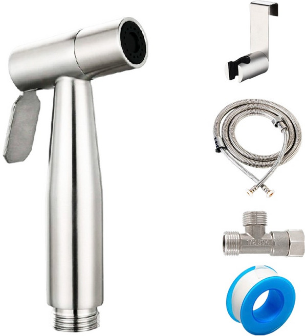 Reddot 紅點生活 不鏽鋼增壓馬桶噴槍沖洗器組 不鏽鋼噴頭軟管組 附馬桶掛架, 1組, 銀色