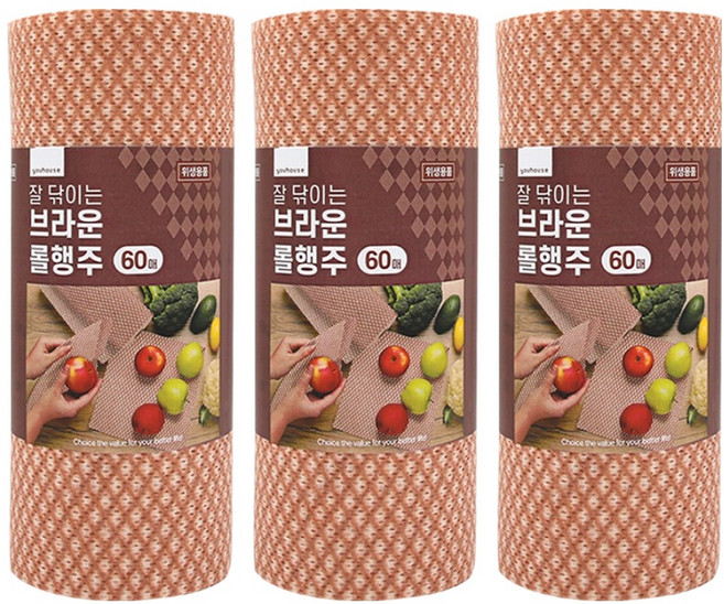 유하우스 잘 닦이는 브라운 롤행주, 3개, 60개입