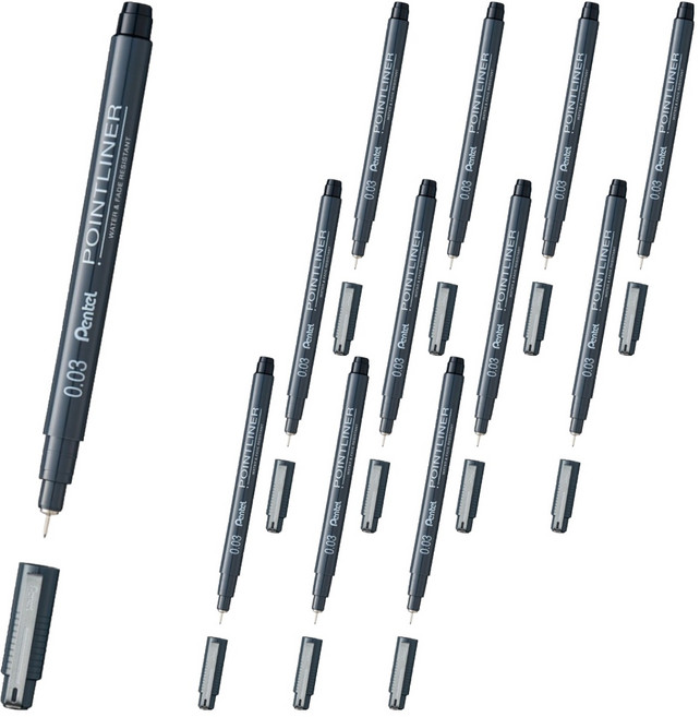펜텔 포인트라이너 수성 드로잉펜 0.03mm S20P-03A, Black, 12개