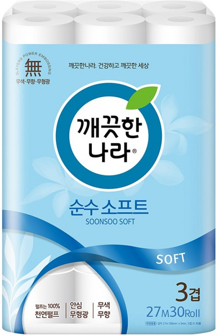 깨끗한나라 순수 소프트 3겹 화장지, 27m, 30롤, 1개