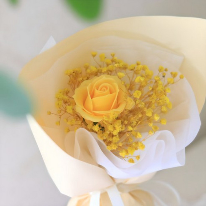 Scent Basket 永生花滿天星混搭單朵玫瑰香皂花, 黃色
