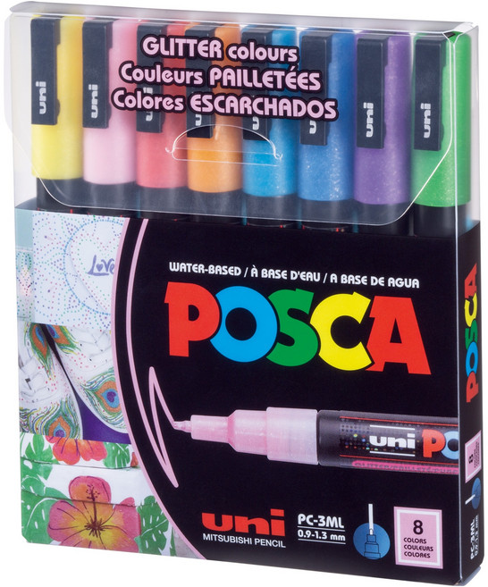 포스카 얇은 글씨용 글리터 마카 세트 PC-3ML, 1세트, 8색