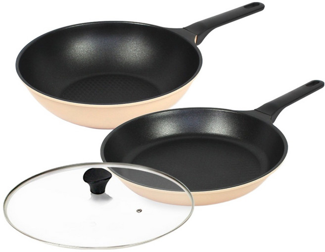 셰프리아 이지데이 셰프베이지 프라이팬 세트 2개, 베이지, 1세트, 프라이팬 + 궁중팬 + 유리뚜껑 28cm