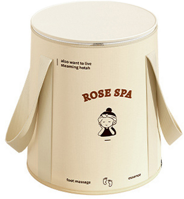 YUNMI 五層加厚保溫加蓋泡腳桶/旅行便攜泡腳袋/可折疊足浴桶/保溫水桶/足浴盆 附收納袋, 米白色, 1個