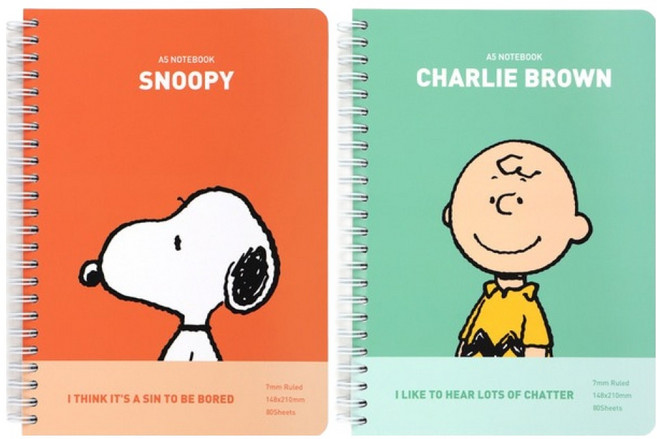 스누피 A5 스프링 유선노트 2종 세트, 1세트, 오렌지, 민트