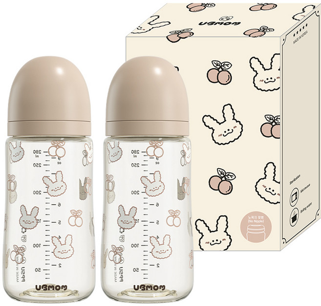 유비맘 유아용 토끼 에디션 노꼭지 젖병 트윈팩, 체리래미 초코, 280ml, 2개