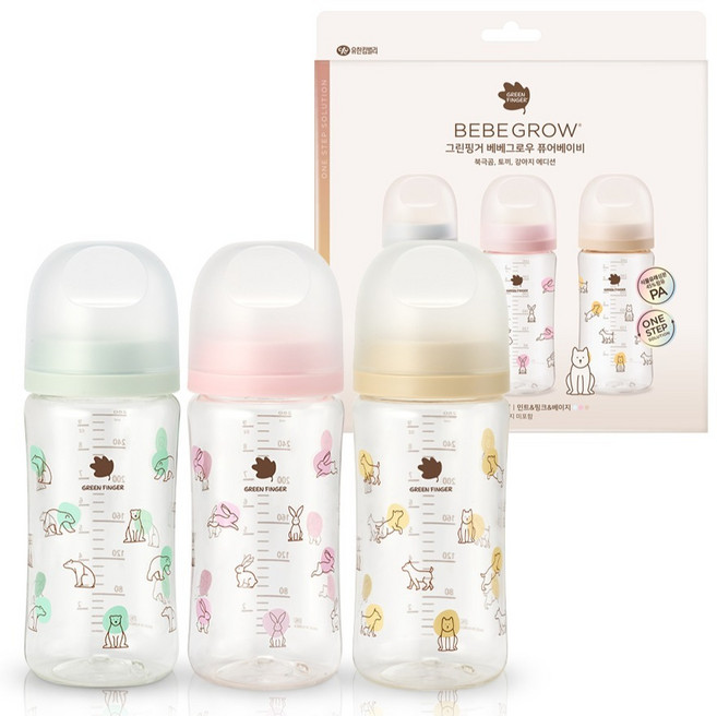 베베그로우 그린핑거 퓨어베이비 PA 노꼭지 디자인 젖병 3종 세트, 북극곰, 토끼, 강아지, 280ml, 1세트