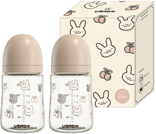 유비맘 유아용 토끼 에디션 노꼭지 젖병 트윈팩, 체리래미 초코, 200ml, 2개