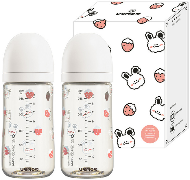 유비맘 유아용 토끼 에디션 노꼭지 젖병 트윈팩, 베리래미 화이트, 280ml, 2개