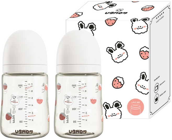 유비맘 유아용 토끼 에디션 노꼭지 젖병 트윈팩, 베리래미 화이트, 200ml, 2개
