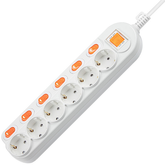 대한이라이트 W라이트 메인 스위치 개별 멀티탭 6구, 2.5m, 화이트, 1개