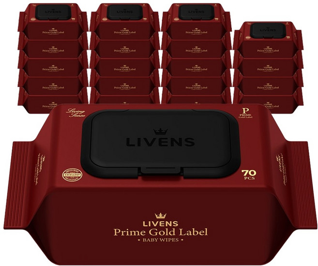 리벤스 유아용 프라임 골드라벨 도톰한 엠보싱 아기 물티슈 캡형, 80g, 70매, 20개