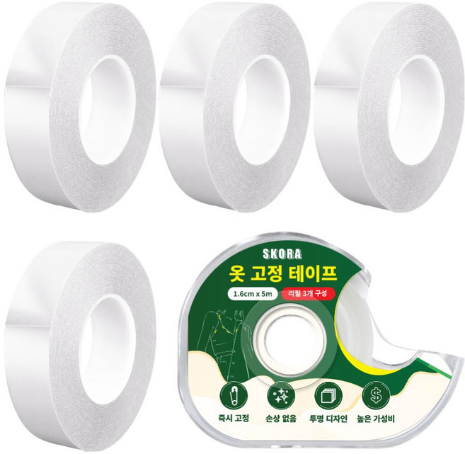 스코라 옷 고정 양면 테이프 1.6cm x 5m 4p + 디스펜서 세트, 투명, 1세트