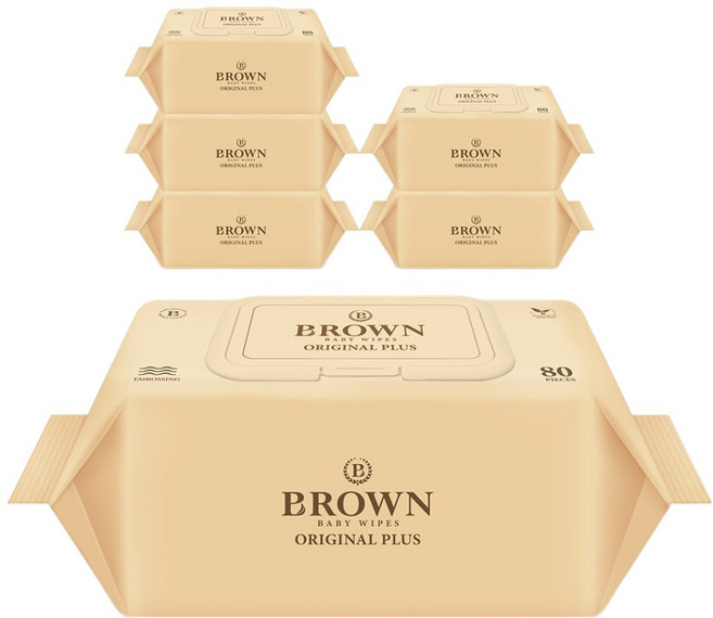 브라운 오리지널 플러스 저자극 엠보싱 아기물티슈 캡형, 55g, 80매, 6개