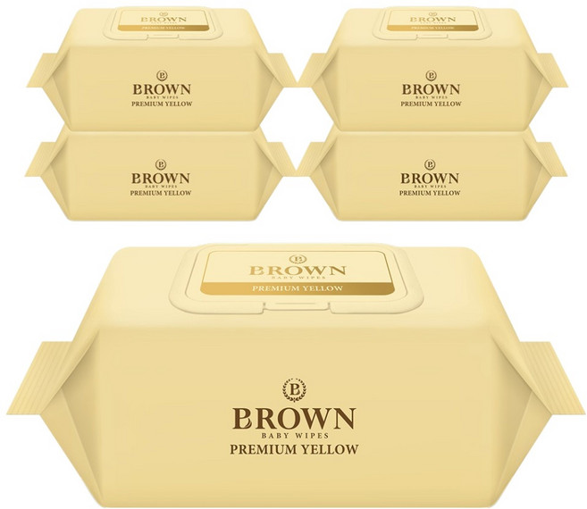 브라운 프리미엄 옐로우 도톰한 아기 물티슈 캡형, 73g, 72매, 5개