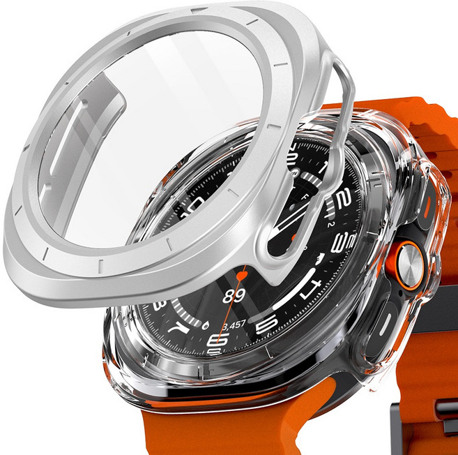 구스페리 갤럭시워치 풀커버 강화유리 하드 케이스, 실버+투명, 2개