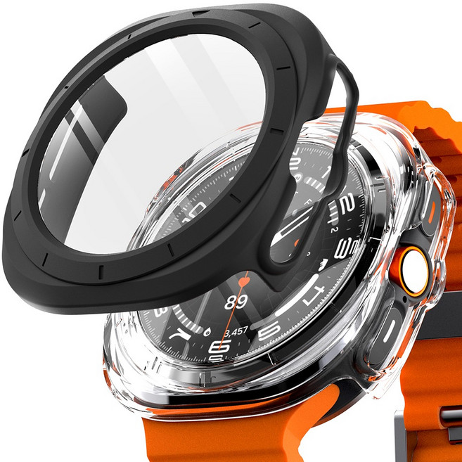 구스페리 갤럭시워치 풀커버 강화유리 하드 케이스, 블랙+투명, 2개