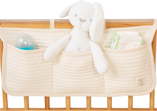 아이레빗 유아용 순면 줄 누빔 침대 3칸 베드 포켓 기저귀 장난감 수납 주머니, 아이보리