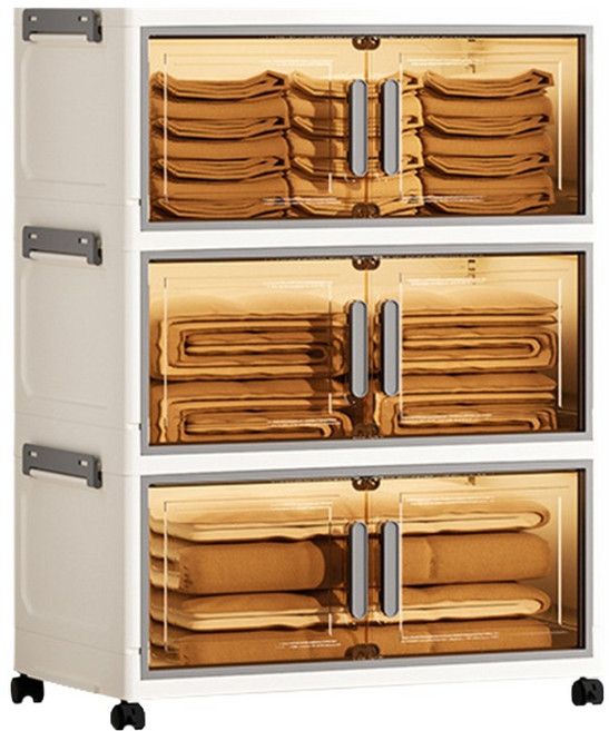 摺疊收納櫃 3層, 白色 + 面板透明黑色